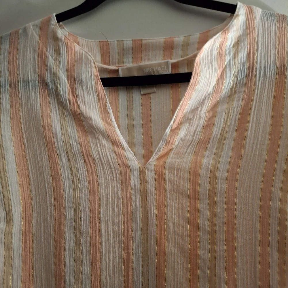 Michael Kors Women's Striped Sheer Pink, White, and Tan Blouse